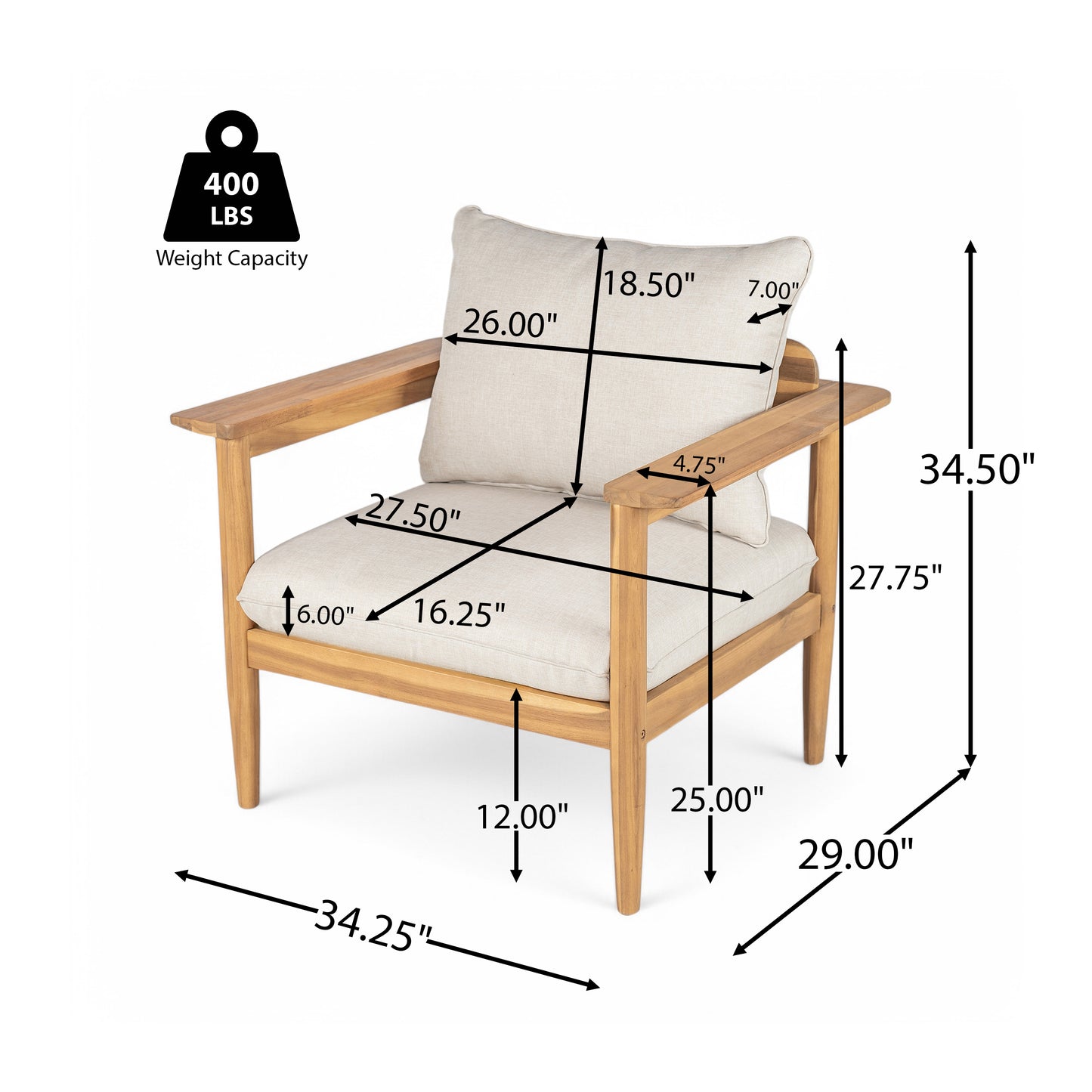Terassi Outdoor Acacia Wood Lounge Set with Chair, Ottoman