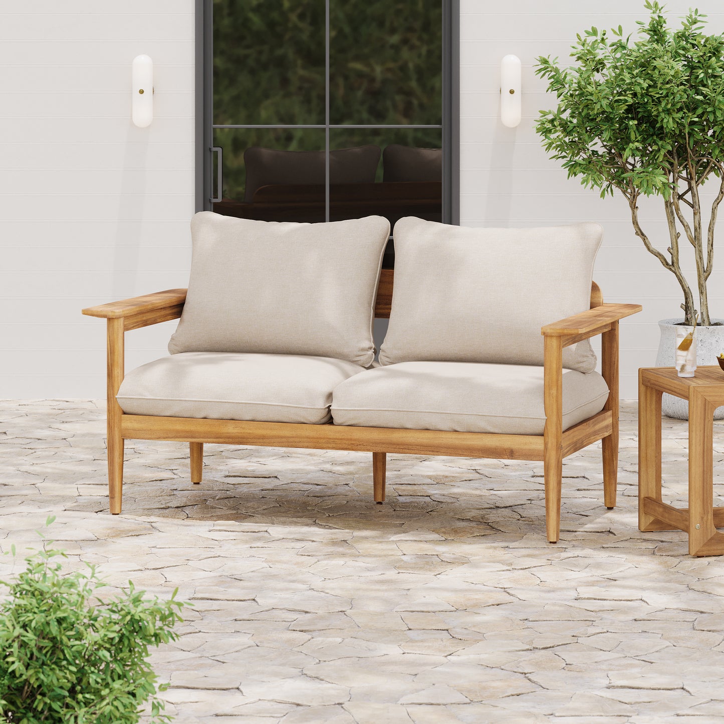 Terassi Outdoor Acacia Wood Loveseat,Beige