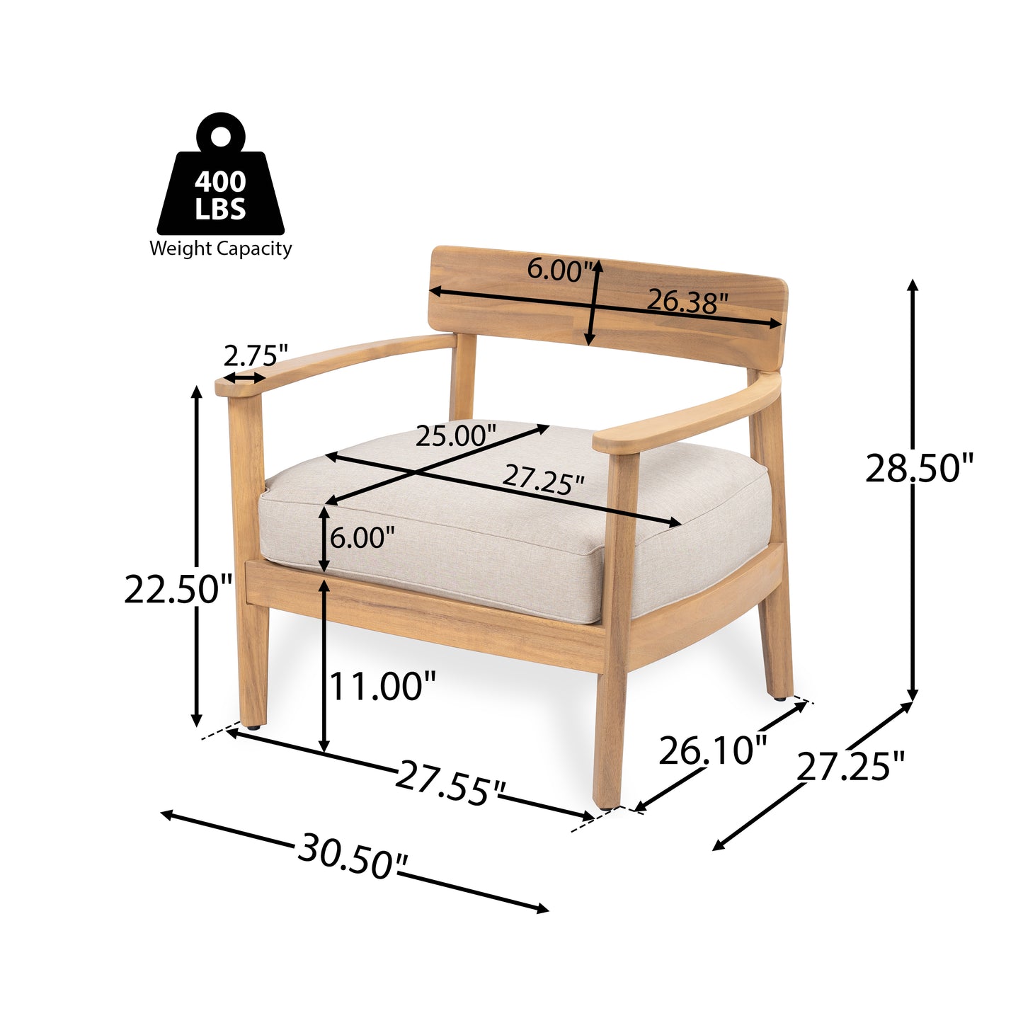 Xylorion Acacia Wood Low back Club Armchair With Seat Cushion