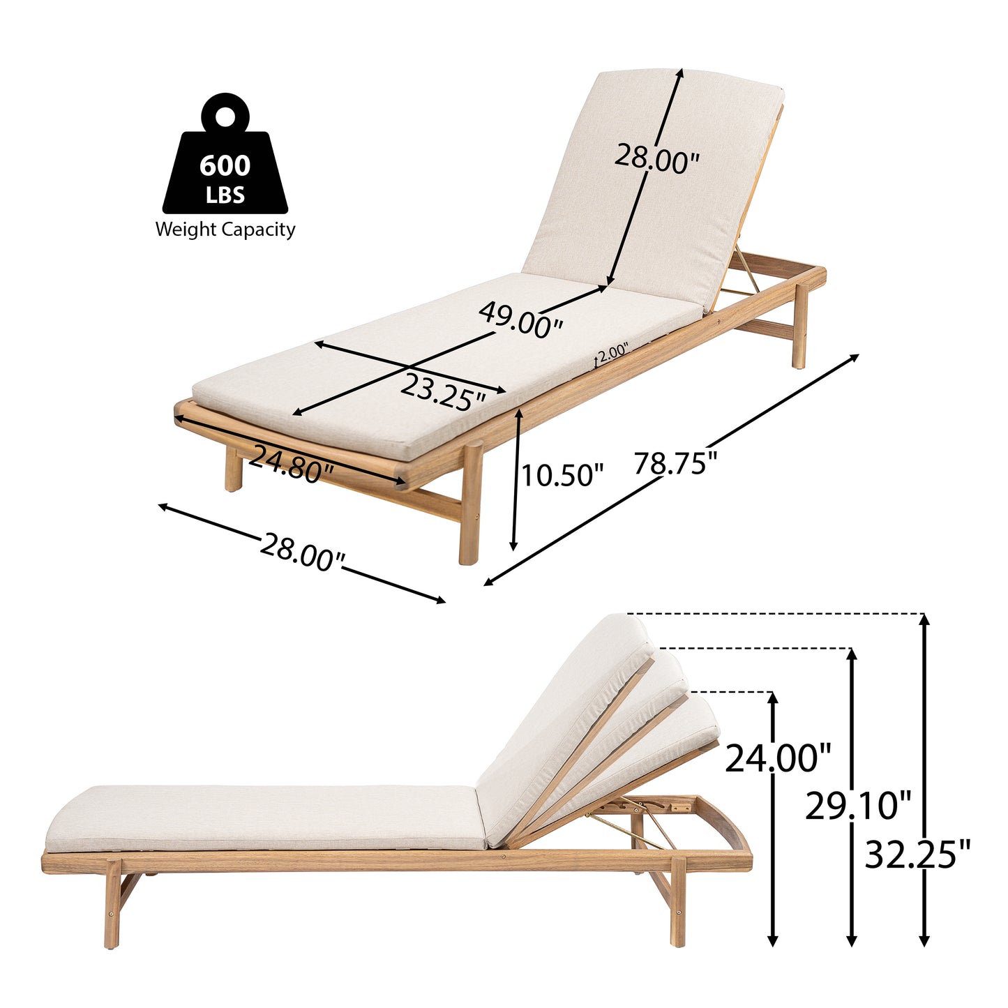 Mallorcar Acacia Wood Chaise Lounge With Cushion