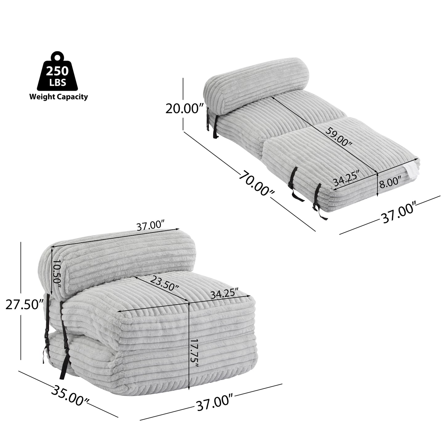 Latinao Indoor Foldbable Bean Bag Lounge chair, Light Gray