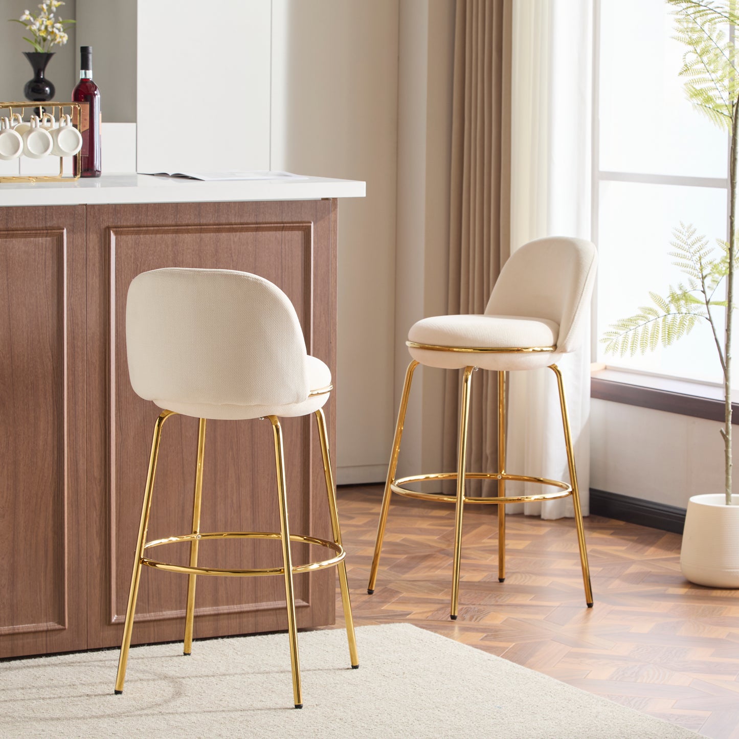 Rio Claro Indoor Metal Upholstered Barstool, Gold Finished Frame and Upholstery, Set of 2