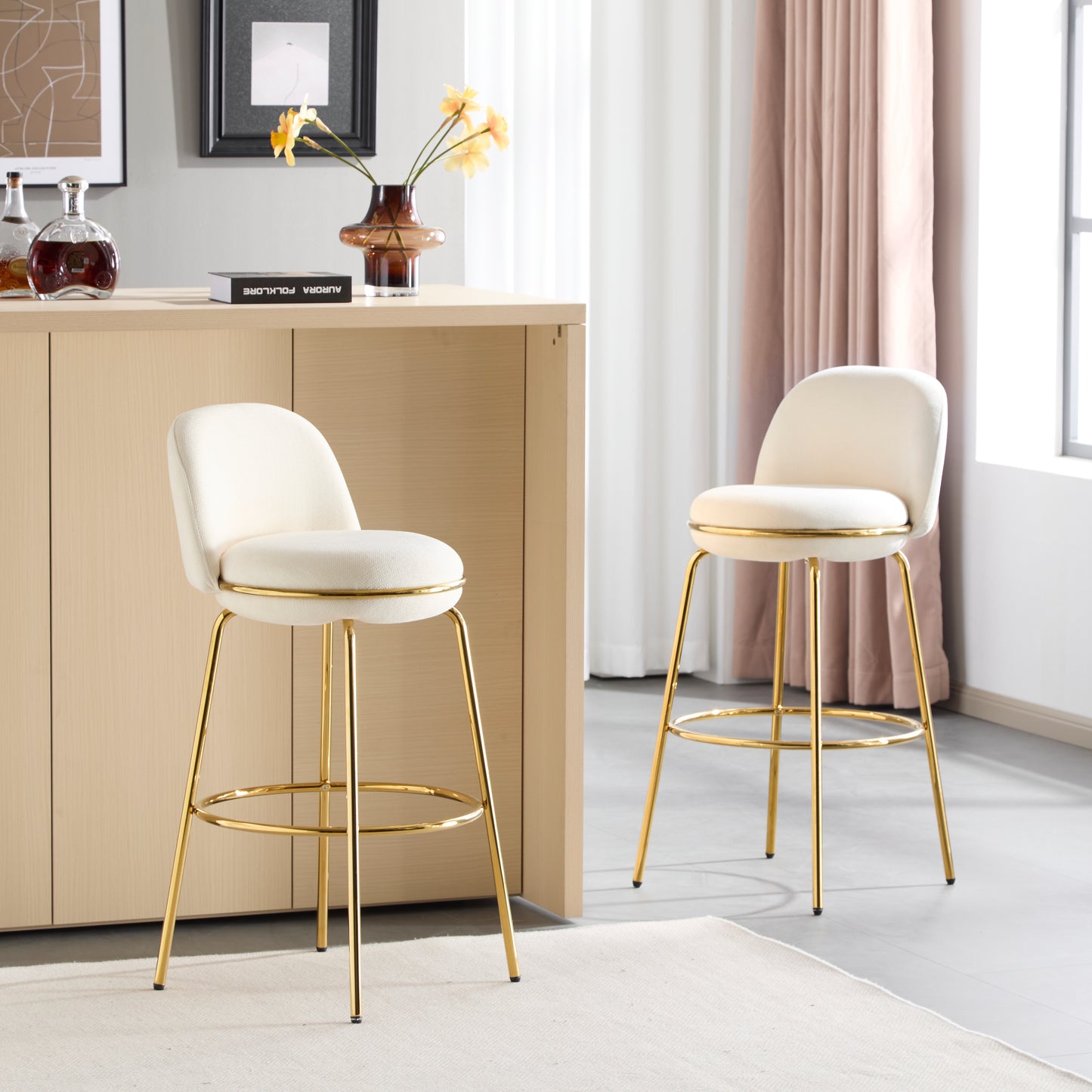 Rio Claro Indoor Metal Upholstered Barstool, Gold Finished Frame and Upholstery, Set of 2