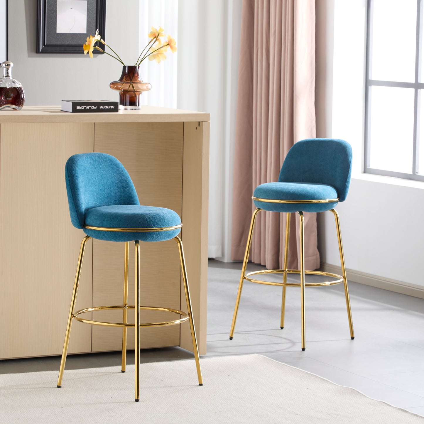 Rio Claro Indoor Metal Upholstered Barstool, Gold Finished Frame and Upholstery, Set of 2