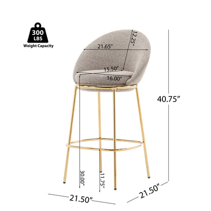 Celano Indoor Metal Upholstered Barstool, Gold-Plated Frame and Upholstery, Set of 2