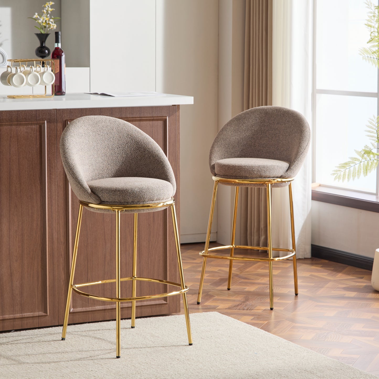Celano Indoor Metal Upholstered Barstool, Gold-Plated Frame and Upholstery, Set of 2