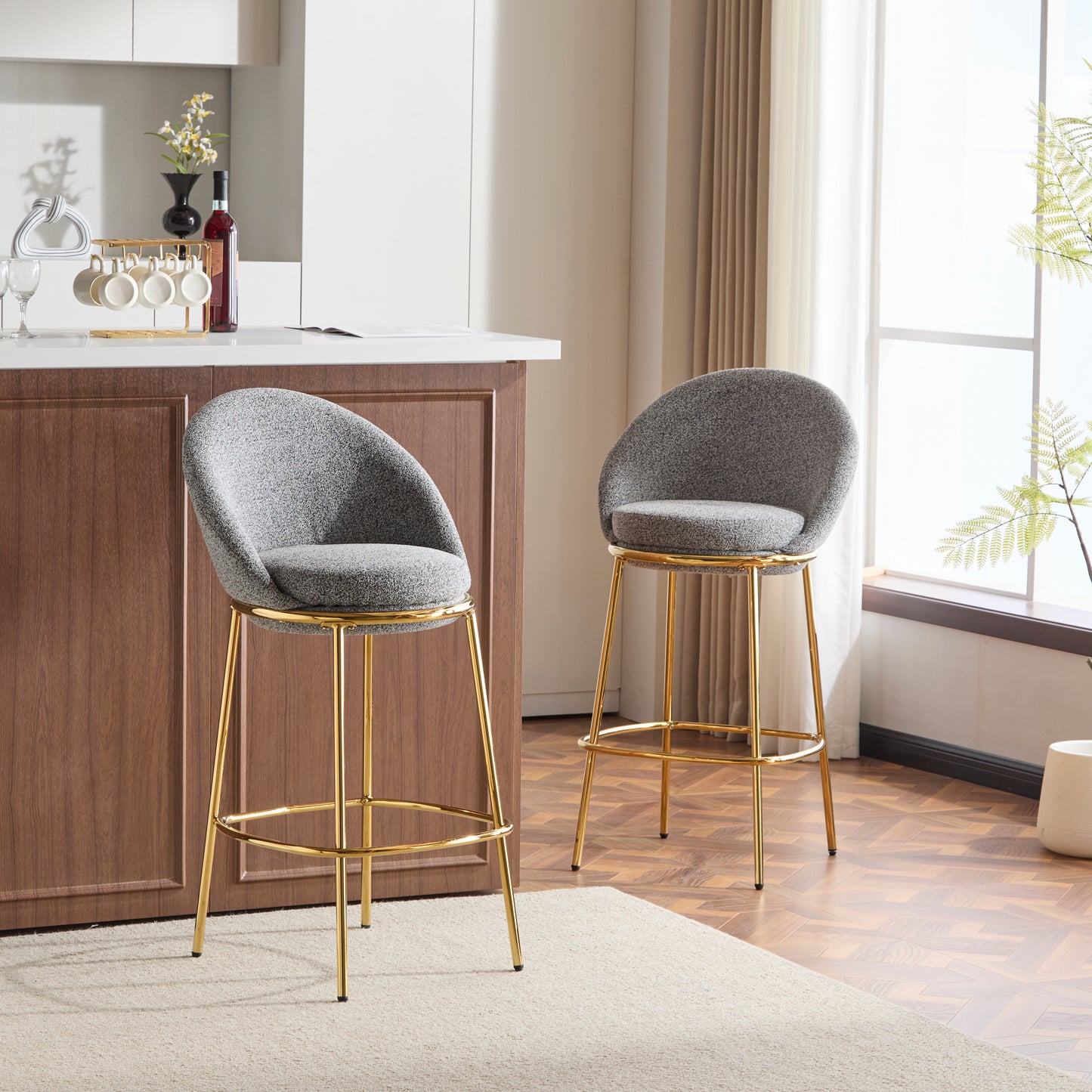 Celano Indoor Metal Upholstered Barstool, Gold-Plated Frame and Upholstery, Set of 2