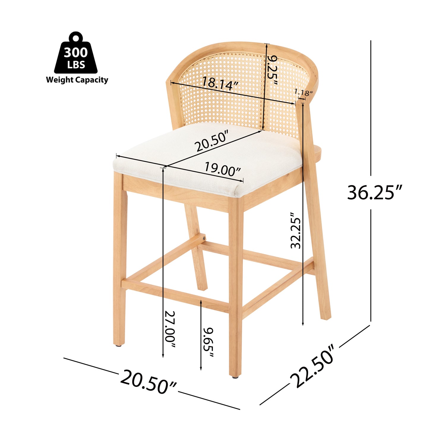 Tatti Indoor Wooden Counter stool, Wood Frame with Beige Upholstery, Set of 2