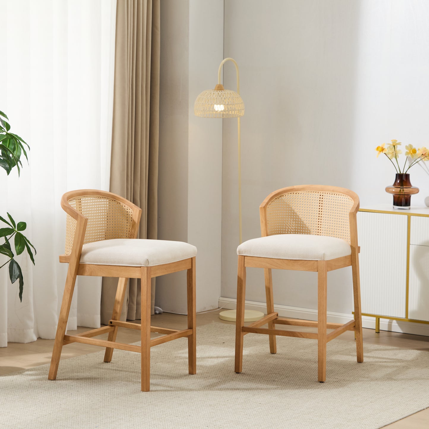 Tatti Indoor Wooden Counter stool, Wood Frame with Beige Upholstery, Set of 2