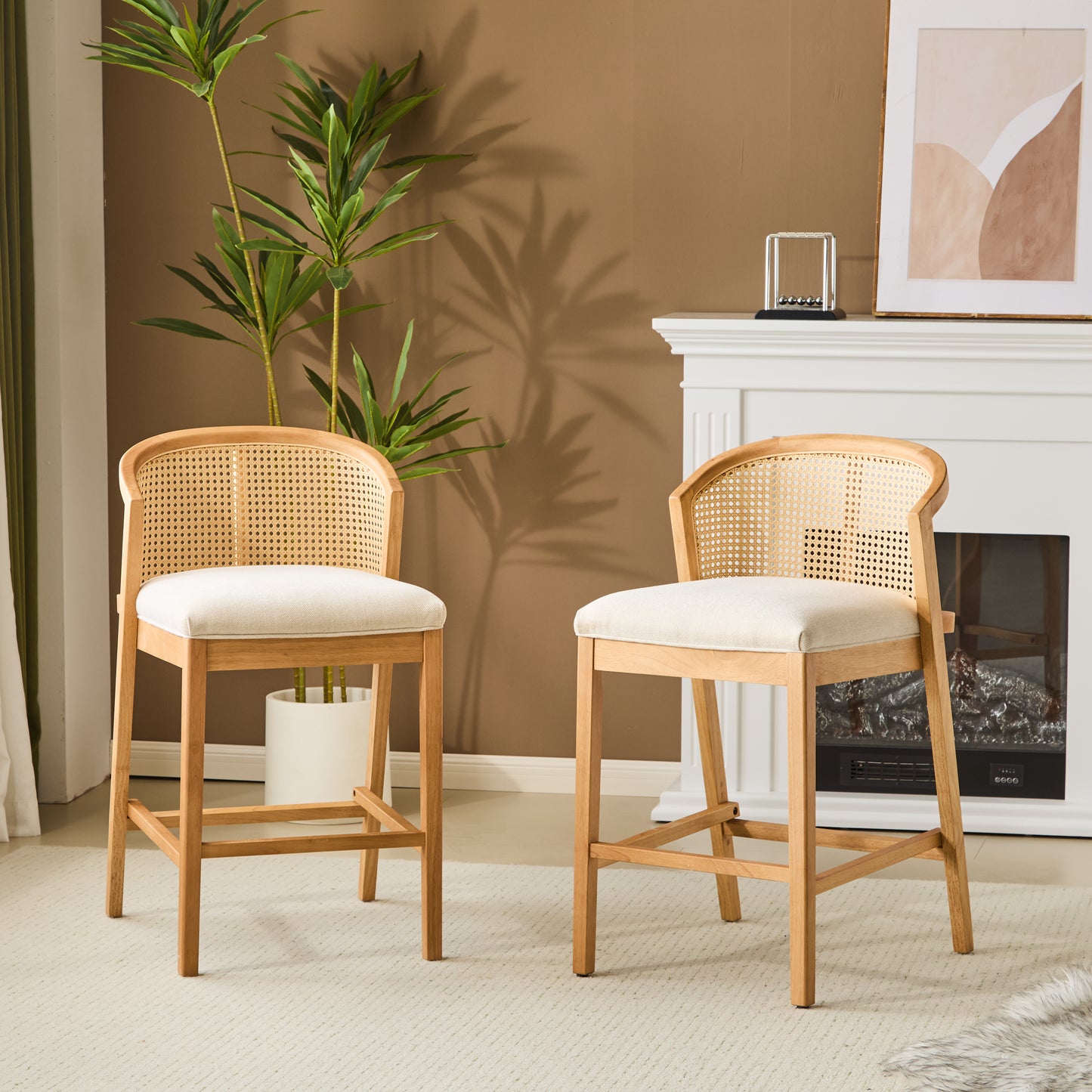 Tatti Indoor Wooden Counter stool, Wood Frame with Beige Upholstery, Set of 2