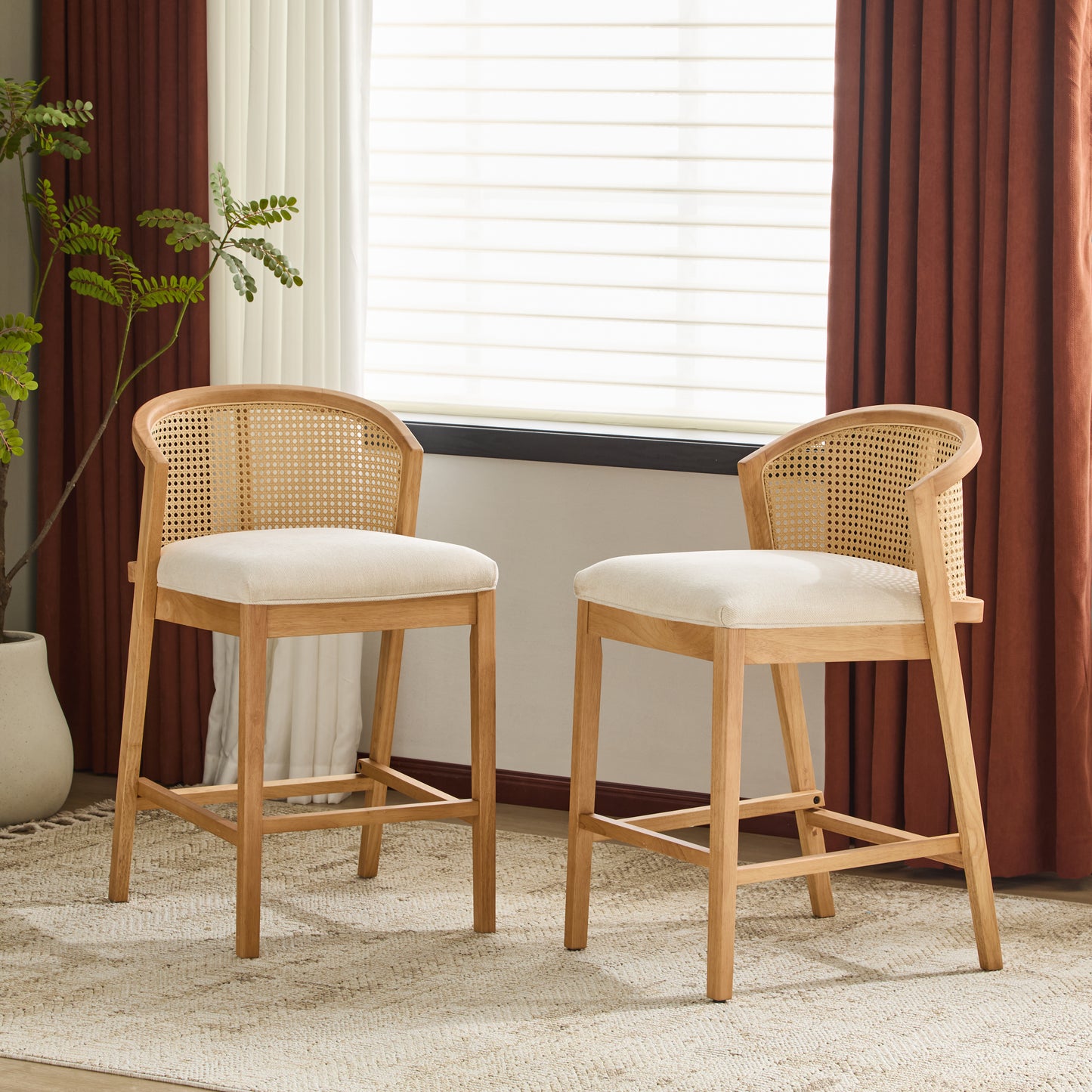 Tatti Indoor Wooden Counter stool, Wood Frame with Beige Upholstery, Set of 2