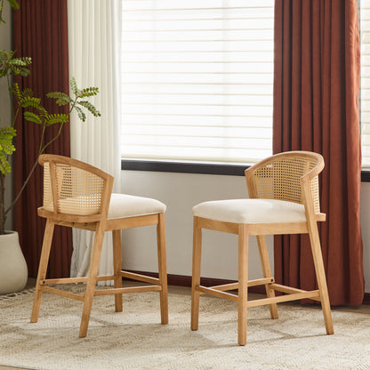 Tatti Indoor Wooden Counter stool, Wood Frame with Beige Upholstery, Set of 2