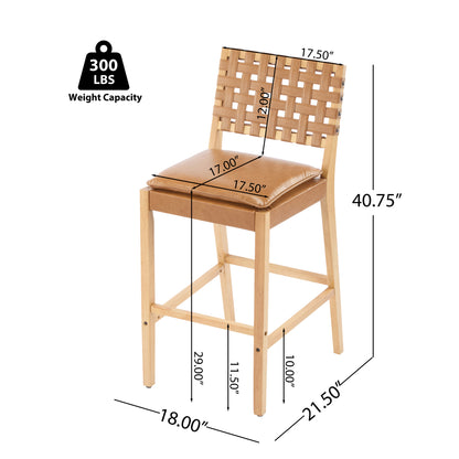 Rieti lndoor Wooden Barstool, Natural Finished Frame with Brown Upholstery, Set of 2
