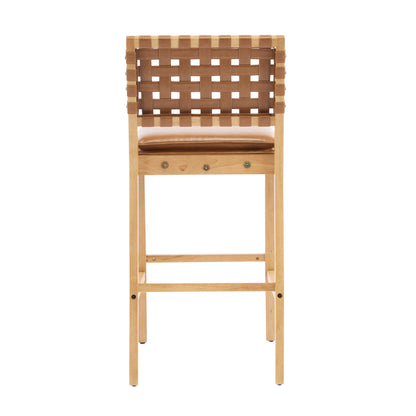 Rieti lndoor Wooden Barstool, Natural Finished Frame with Brown Upholstery, Set of 2