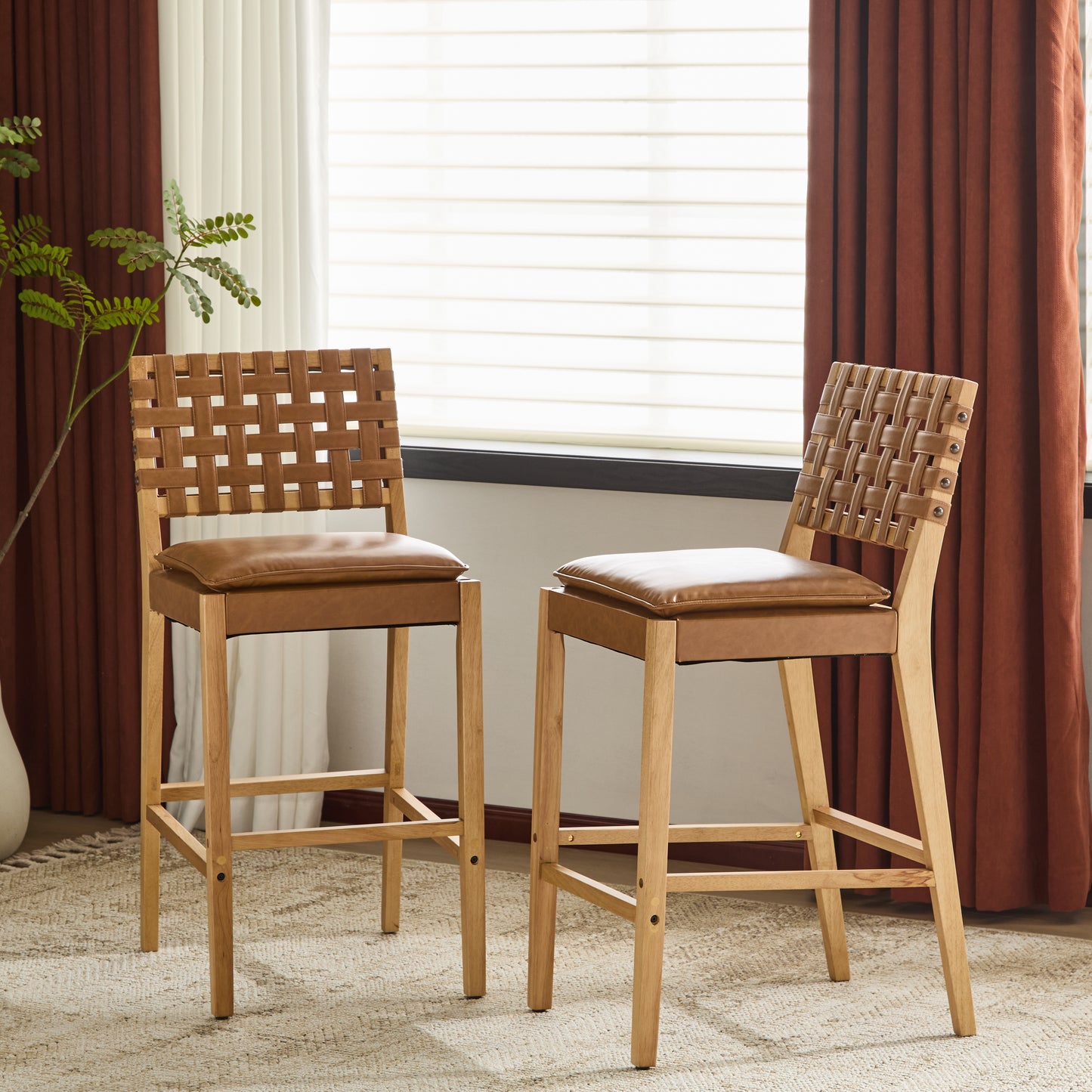 Rieti lndoor Wooden Barstool, Natural Finished Frame with Brown Upholstery, Set of 2