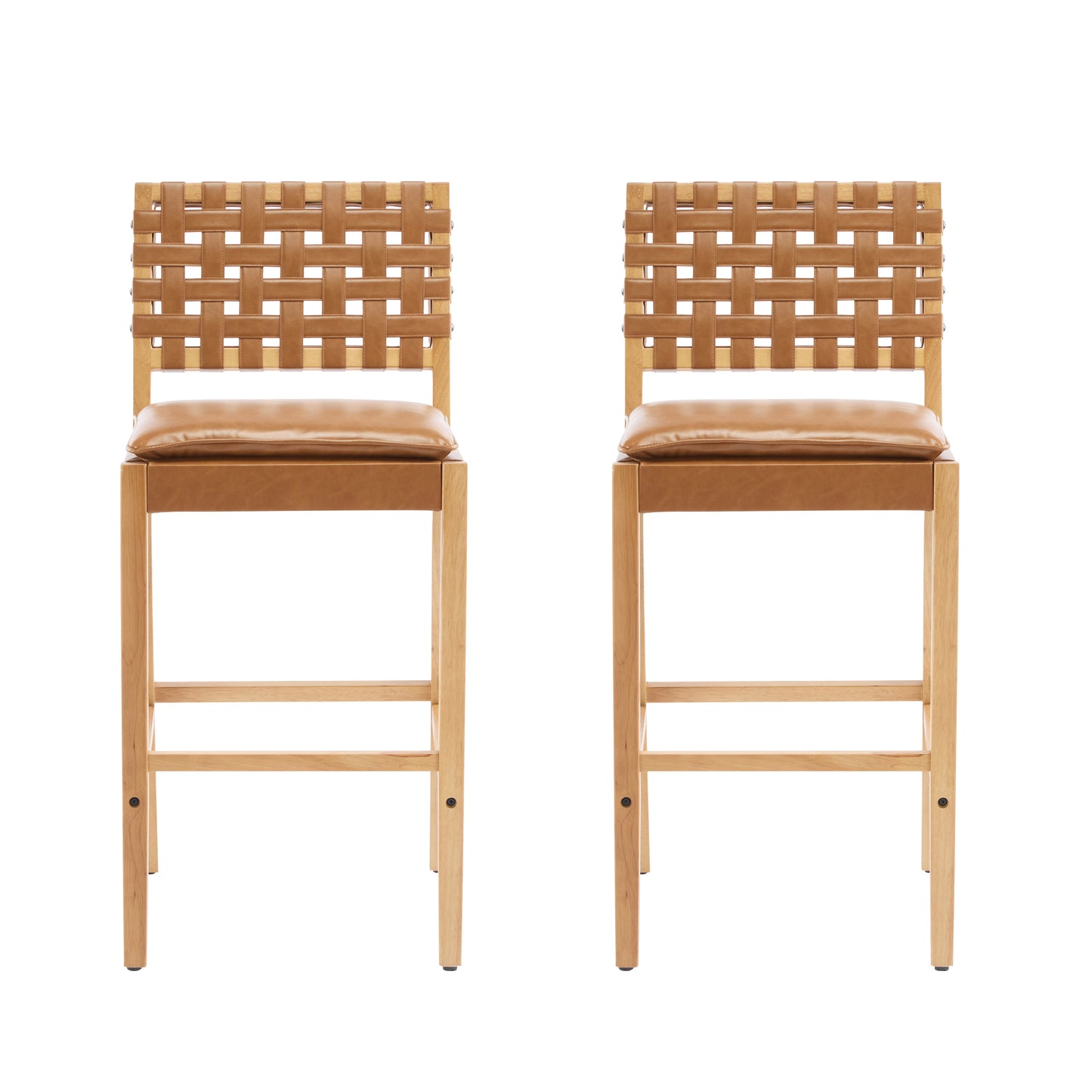 Rieti lndoor Wooden Barstool, Natural Finished Frame with Brown Upholstery, Set of 2