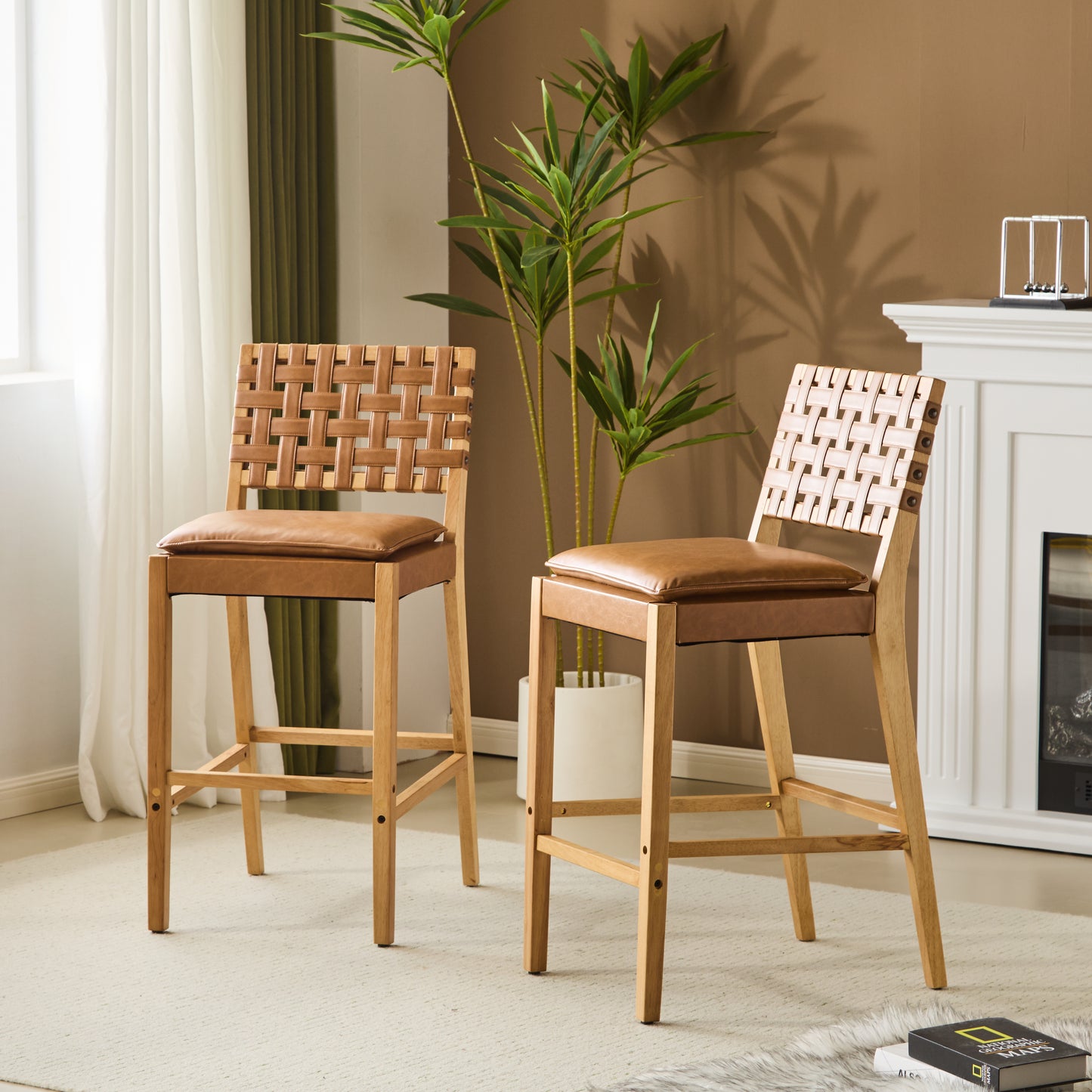 Rieti lndoor Wooden Barstool, Natural Finished Frame with Brown Upholstery, Set of 2