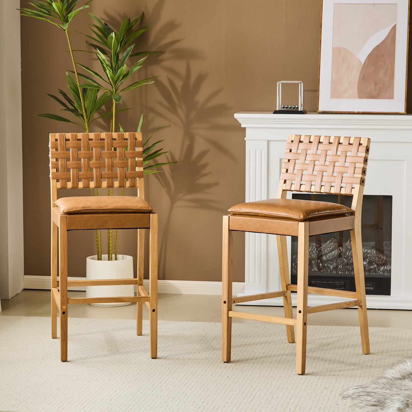 Rieti lndoor Wooden Barstool, Natural Finished Frame with Brown Upholstery, Set of 2