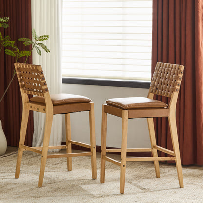 Rieti lndoor Wooden Barstool, Natural Finished Frame with Brown Upholstery, Set of 2