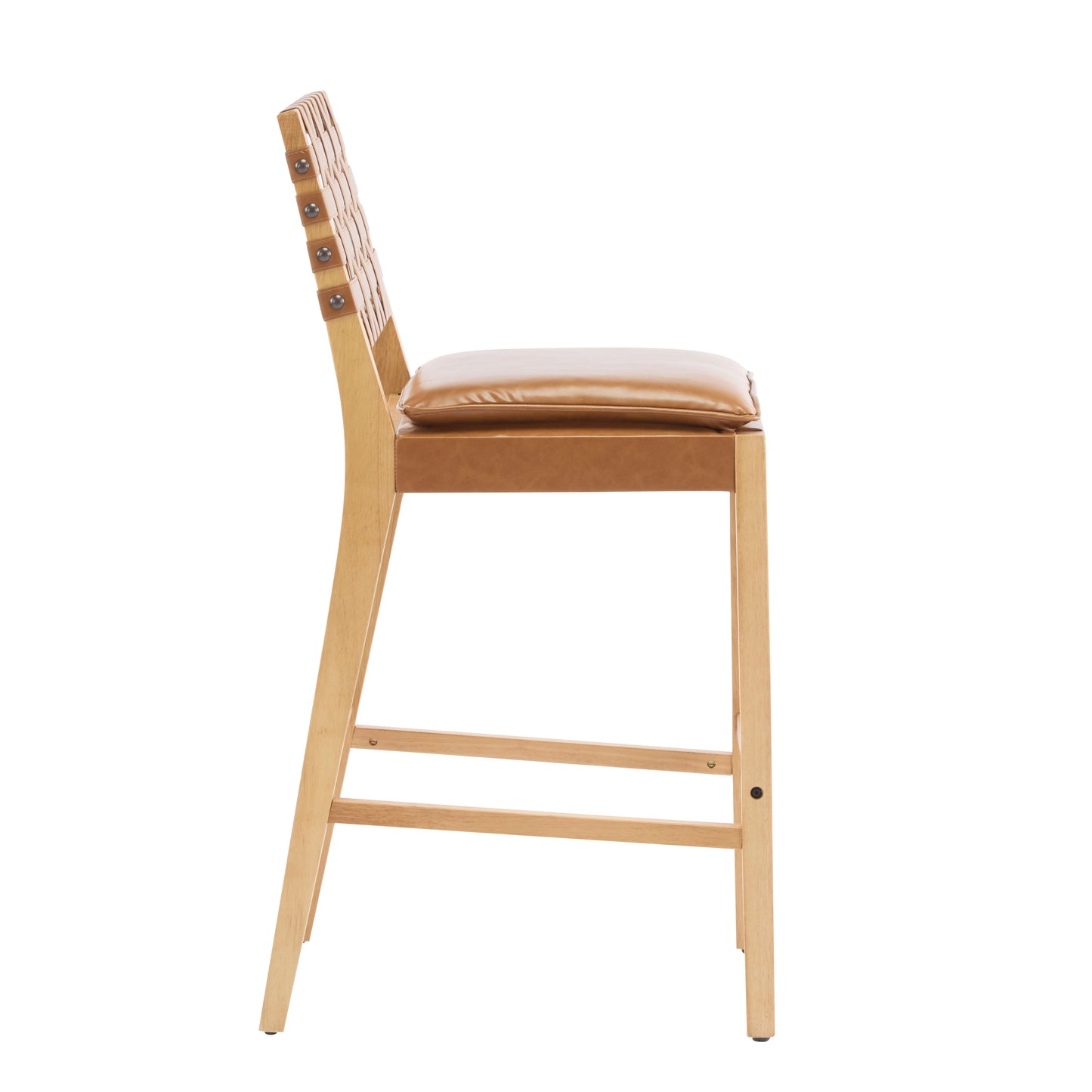 Rieti lndoor Wooden Barstool, Natural Finished Frame with Brown Upholstery, Set of 2