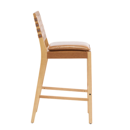 Rieti lndoor Wooden Barstool, Natural Finished Frame with Brown Upholstery, Set of 2