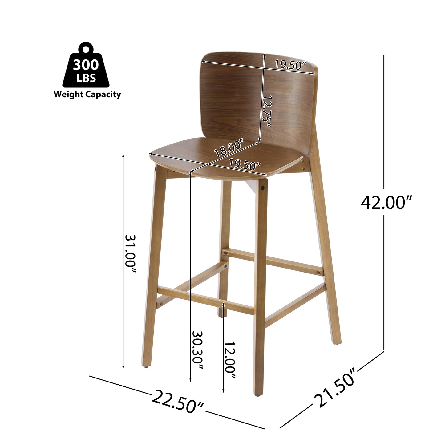 Pario Indoor Wooden Barstool, Walnut Finished, Set of 2