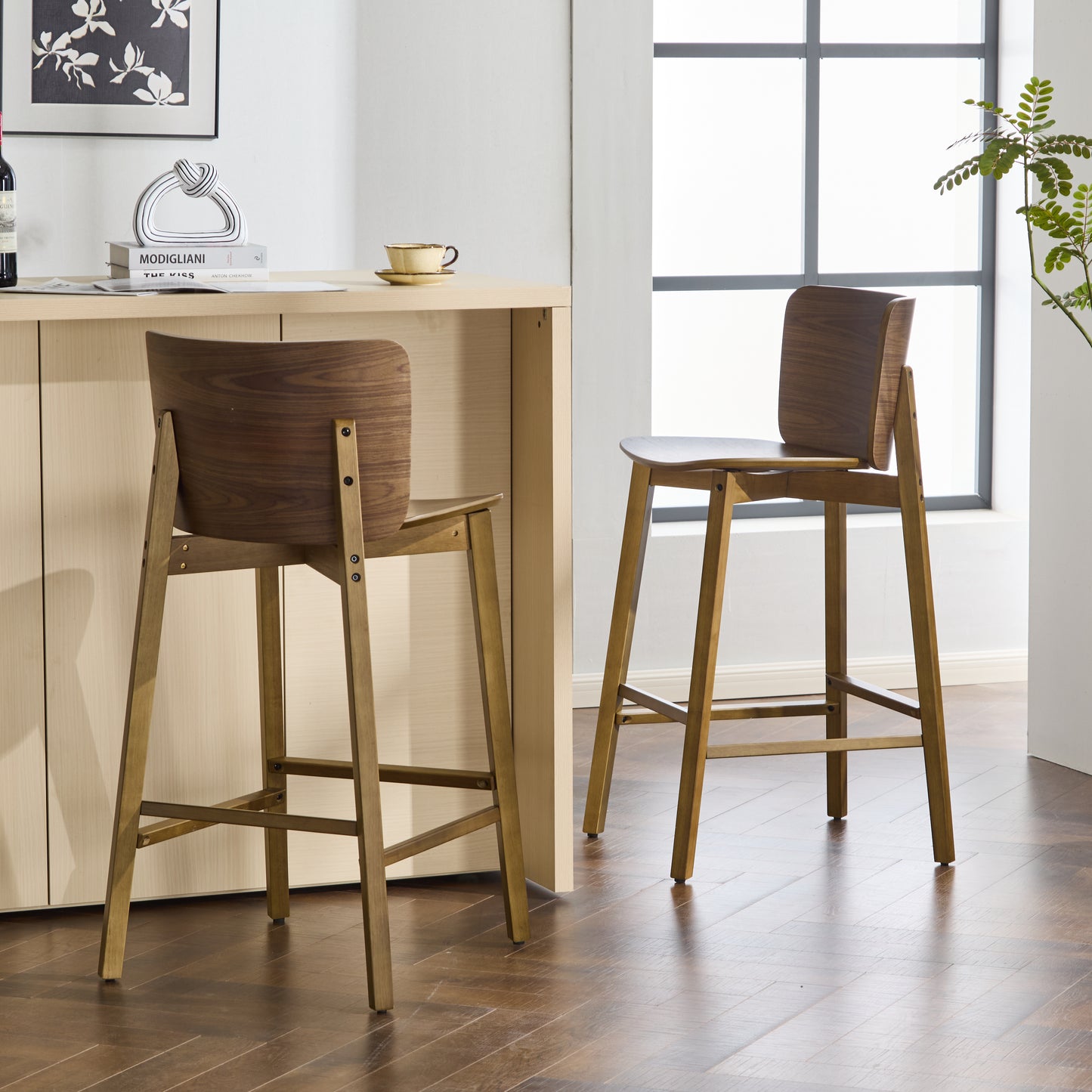 Pario Indoor Wooden Barstool, Walnut Finished, Set of 2