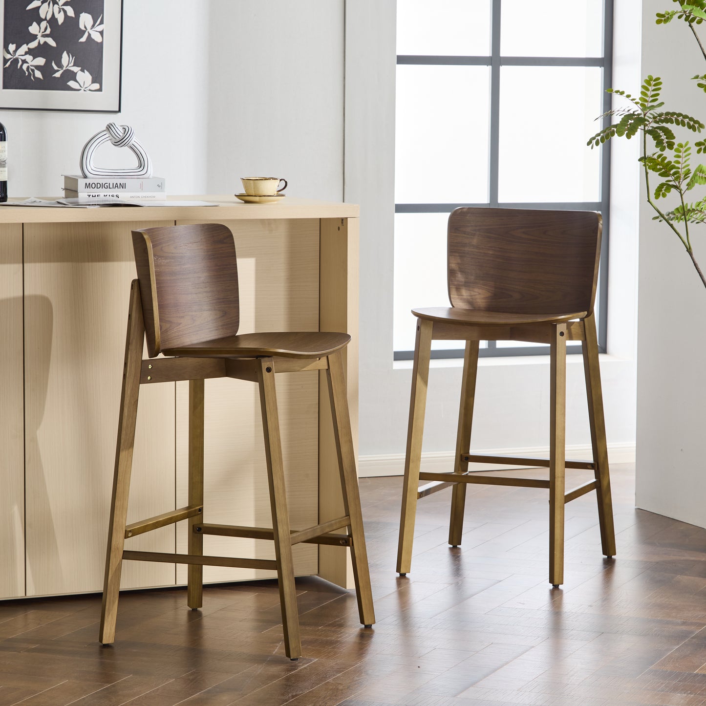 Pario Indoor Wooden Barstool, Walnut Finished, Set of 2