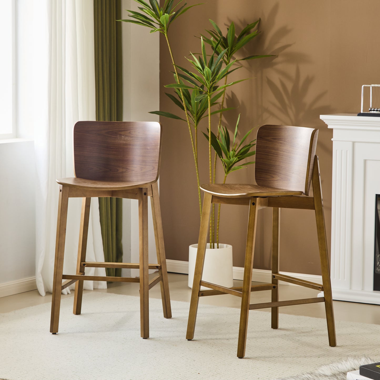 Pario Indoor Wooden Barstool, Walnut Finished, Set of 2