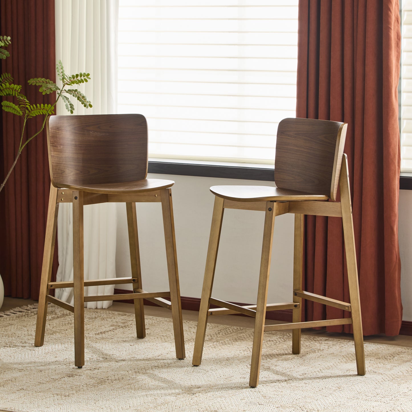 Pario Indoor Wooden Barstool, Walnut Finished, Set of 2