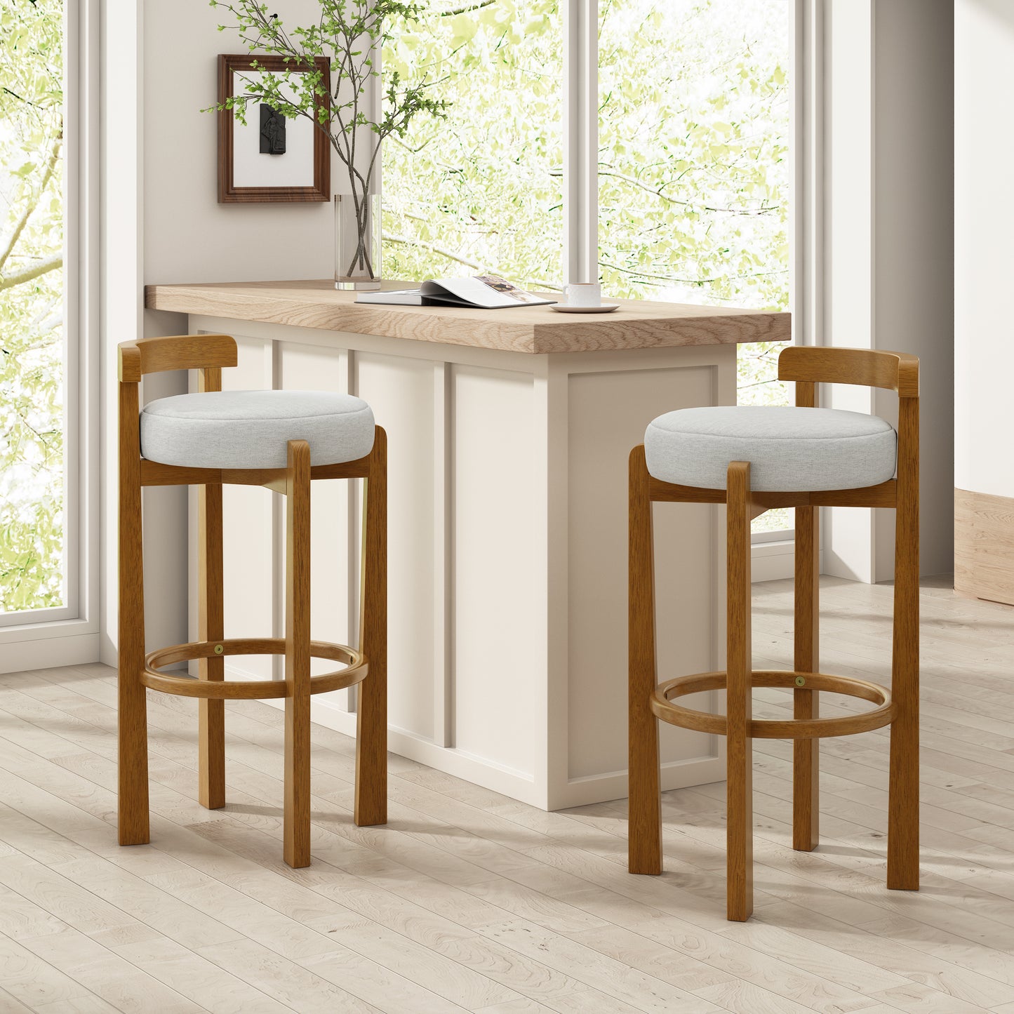 Eliser Indoor Wooden Low Back Barstool and Upholstery, Set of 2