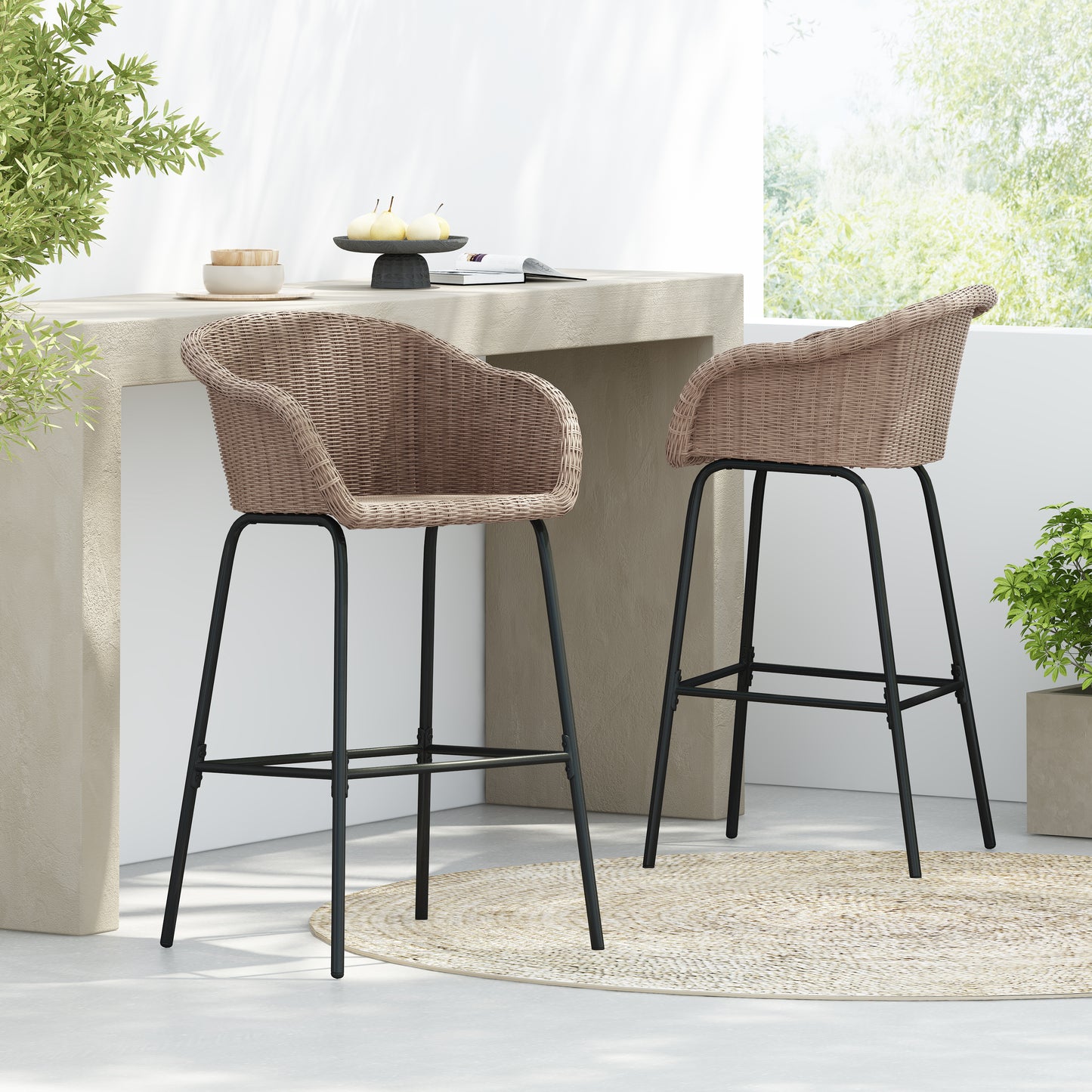 Laddiar Outdoor Metal Wicker Barstool, Faux Wicker, Set of 2