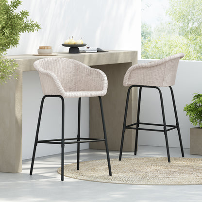 Laddiar Outdoor Metal Wicker Barstool, Faux Wicker, Set of 2