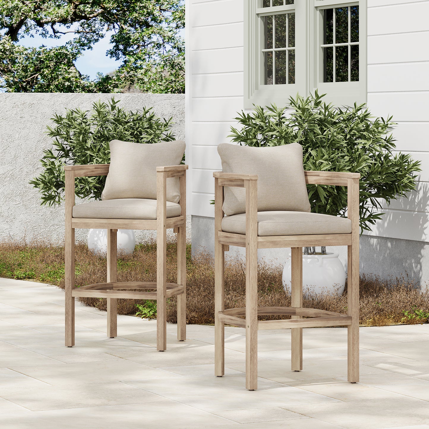 Abacoa Outdoor Barstool,Acacia Wood Finish with Beige Cushion, Set of 2