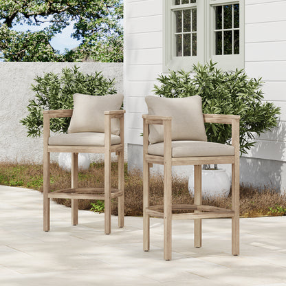 Abacoa Outdoor Barstool,Acacia Wood Finish with Beige Cushion, Set of 2