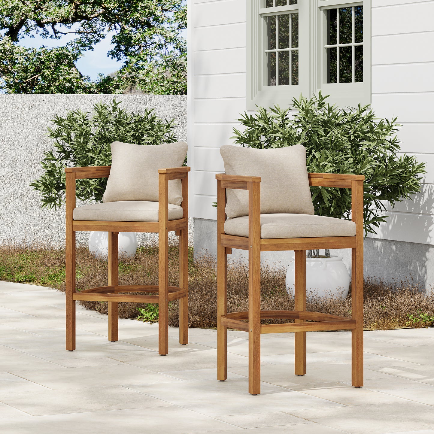 Abacoa Outdoor Barstool,Acacia Wood Finish with Beige Cushion, Set of 2