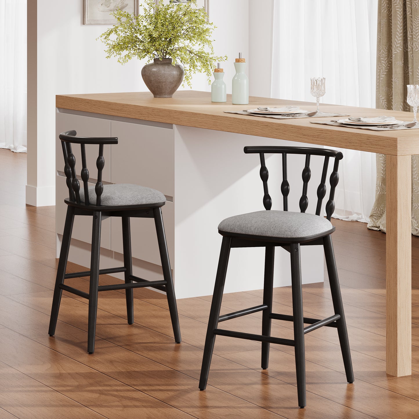 Dorio Indoor Wooden Barstool, Wood Finish With Beige Upholstery, Set of 2