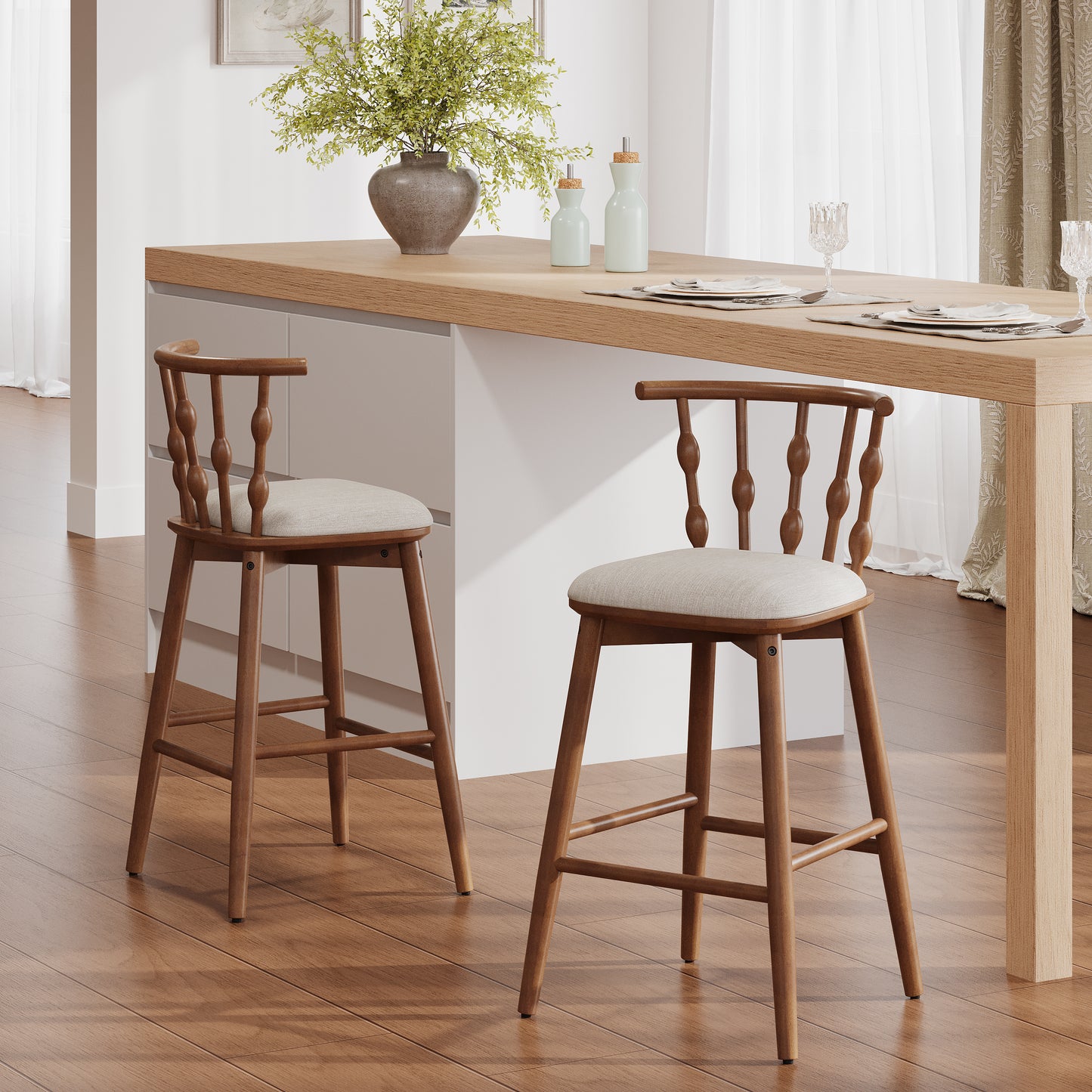 Dorio Indoor Wooden Barstool, Wood Finish With Beige Upholstery, Set of 2