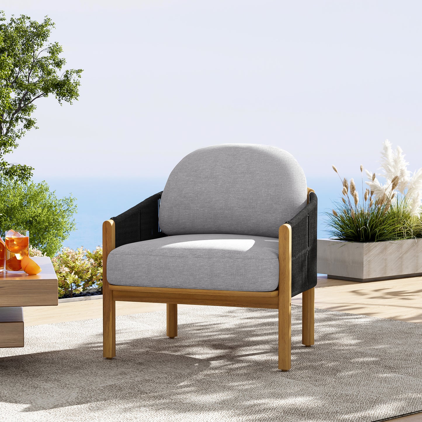 Ylaenor Outdoor Wood Club Chair, with Cushion