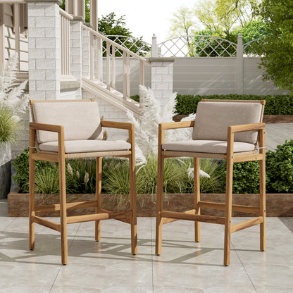 Yliraeth Wood Outdoor Barstool, Teak Finished Wood with Beige Cushion, Set of 2