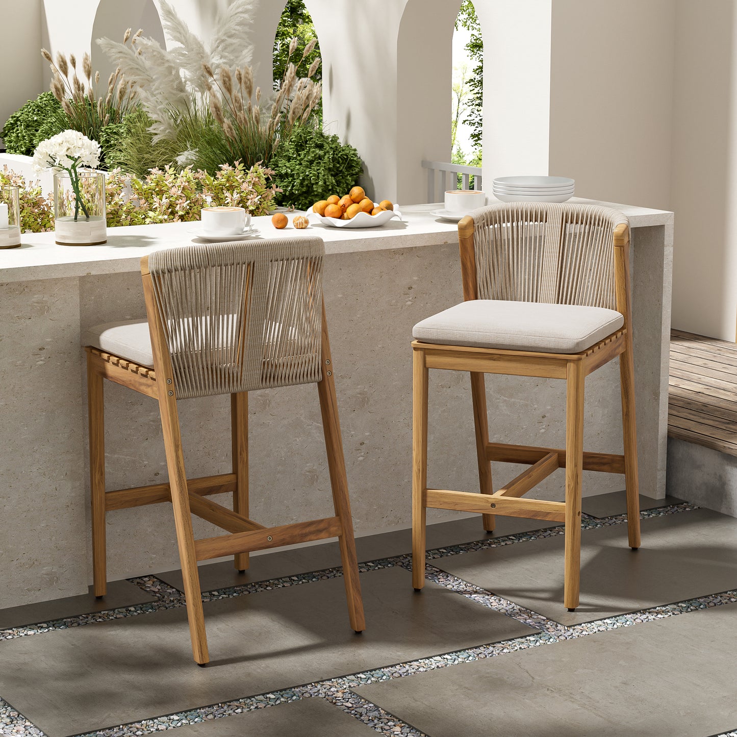 Ylisora Outdoor Barstool, Teak Finished Wood with Beige Cushion, Set of 2