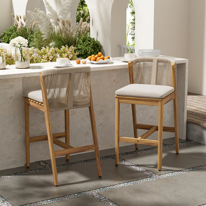 Ylisora Outdoor Barstool, Teak Finished Wood with Beige Cushion, Set of 2