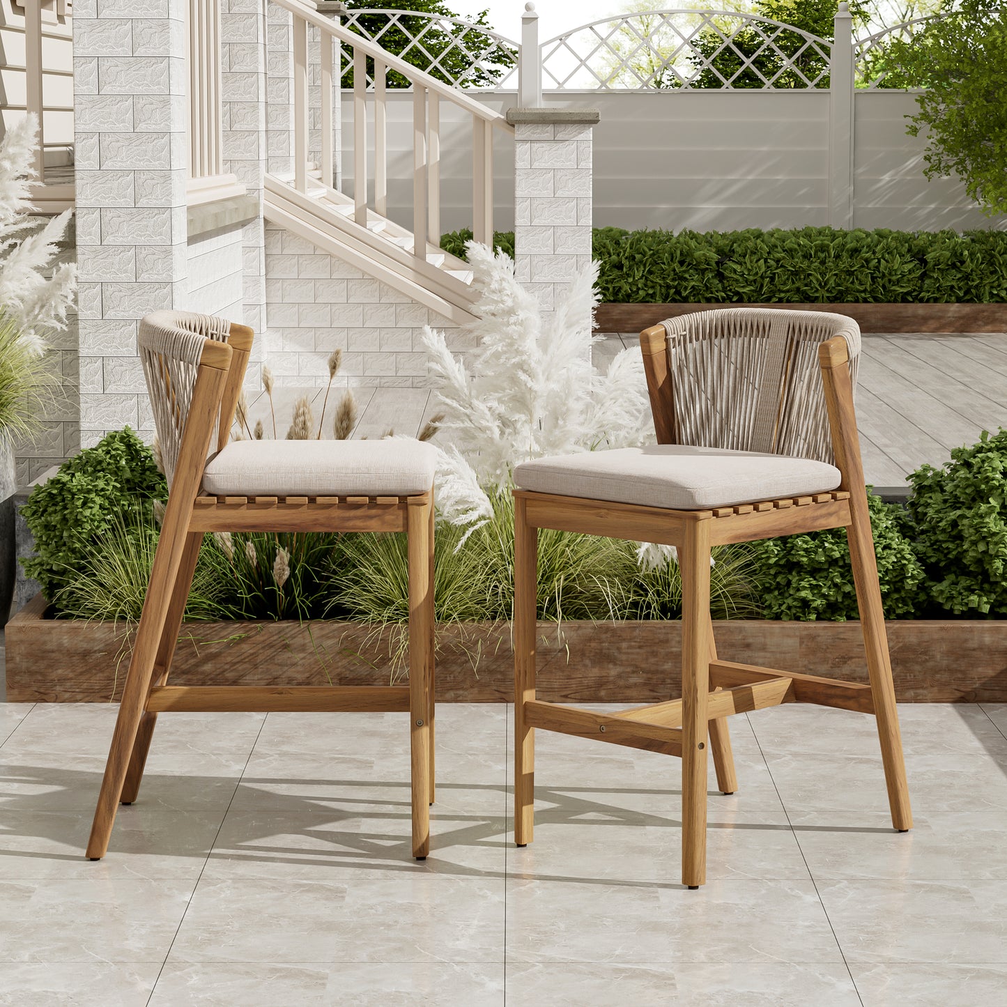 Ylisora Outdoor Barstool, Teak Finished Wood with Beige Cushion, Set of 2