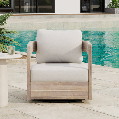 Loveday Wood Outdoor Swivel Club Chair – Ethereal Weather-Resistant Finish with Plush Beige Cushions for Tranquil Patio Lounging