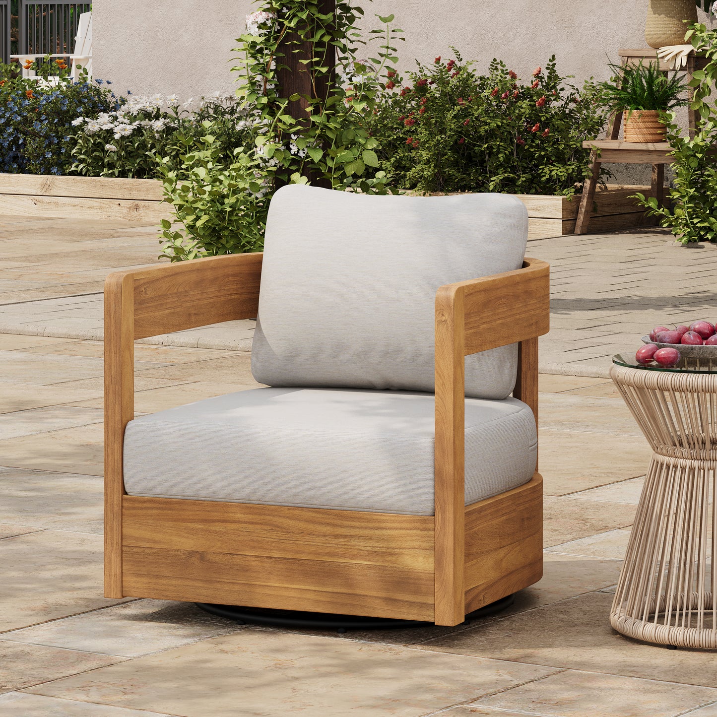 Loveday Wood Outdoor Swivel Club Chair – Ethereal Weather-Resistant Finish with Plush Beige Cushions for Tranquil Patio Lounging