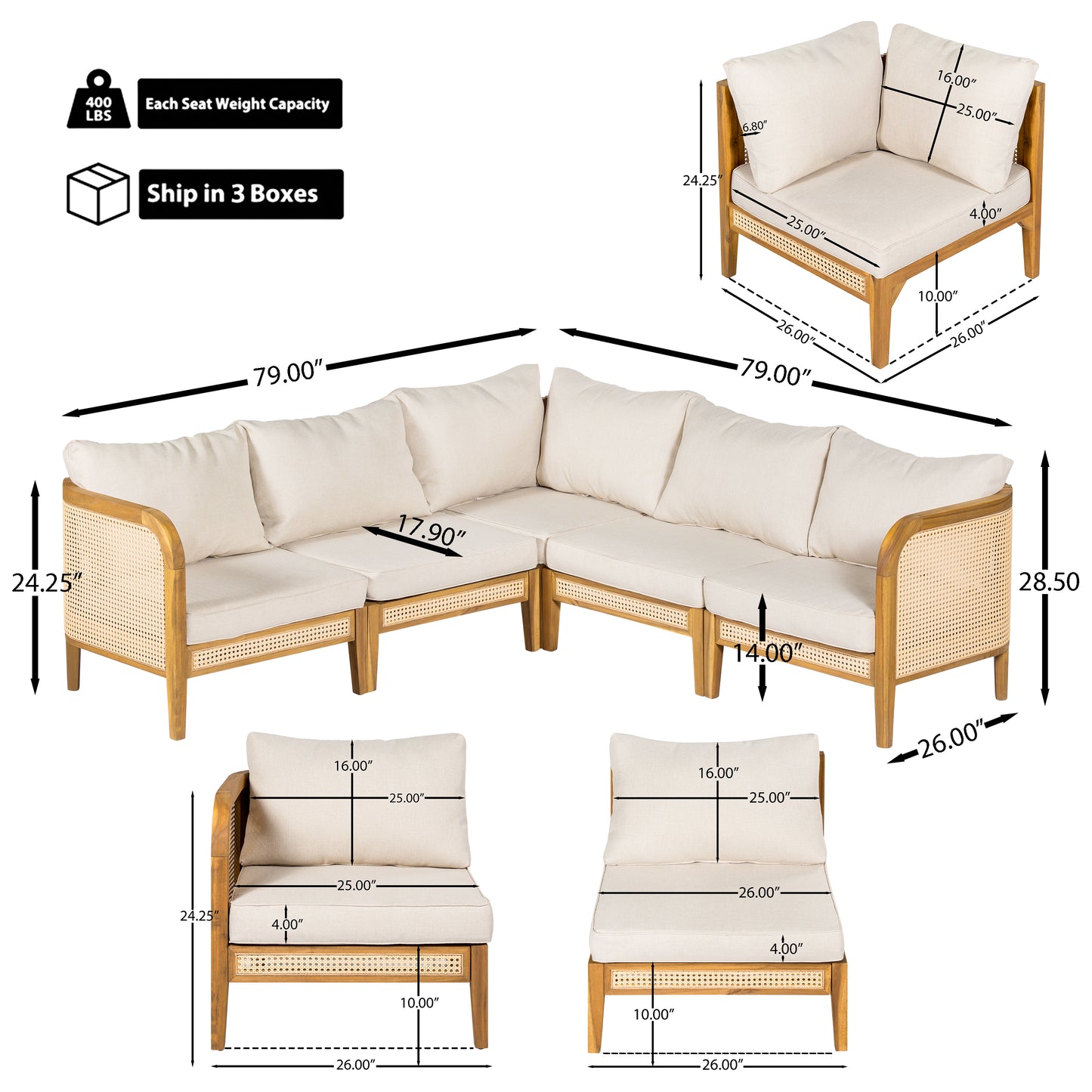 Modern 5-Piece Patio Solid Wood Outdoor Conversation Sectional Sofa Set with Cushions