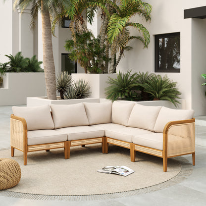 Modern 5-Piece Patio Solid Wood Outdoor Conversation Sectional Sofa Set with Cushions