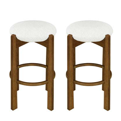 Tarai Indoor Wooden Upholstered Barstool, Ivory Upholstery, Set of 2