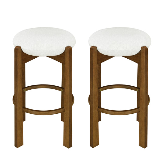 Tarai Indoor Wooden Upholstered Barstool, Ivory Upholstery, Set of 2