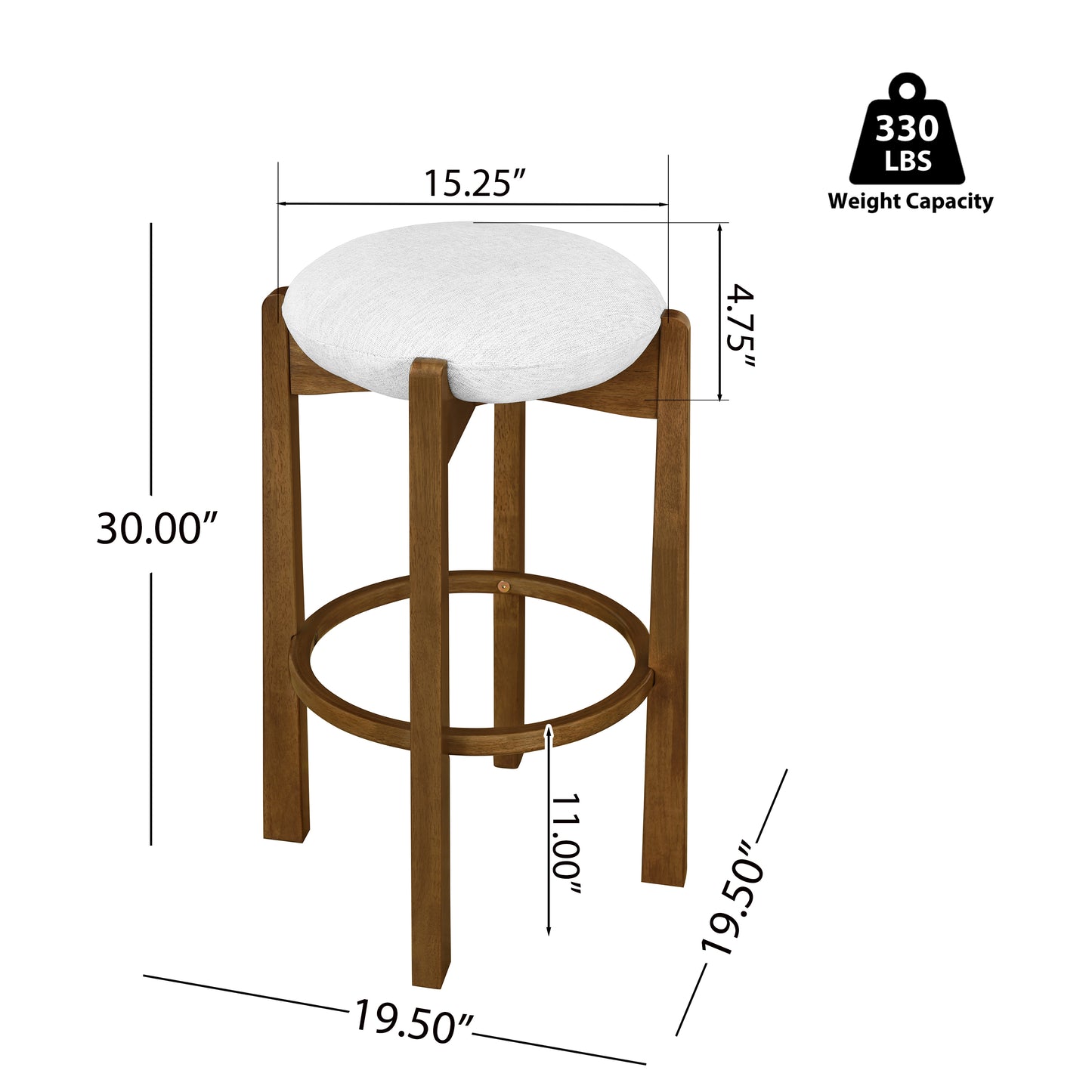 Tarai Indoor Wooden Upholstered Barstool, Ivory Upholstery, Set of 2